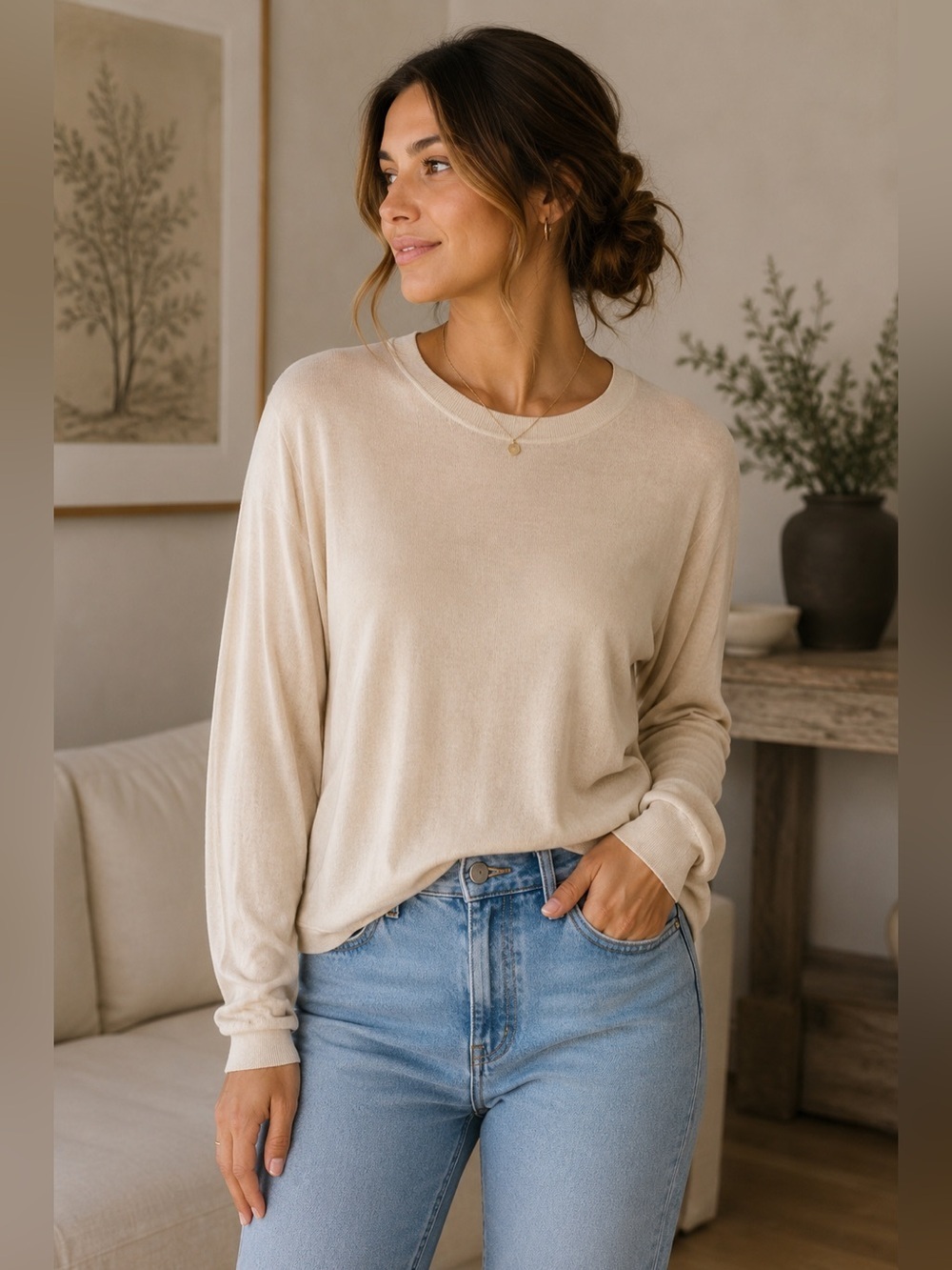 Yaya Neutral Minimalist Cotton Cream Crew Neck Sweater Size S Knit Reversible